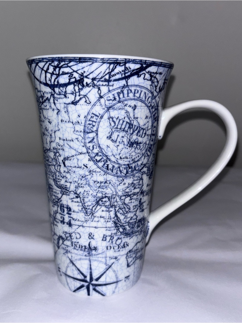 222 Fifth Due North blue & white map print tall latte coffee mug